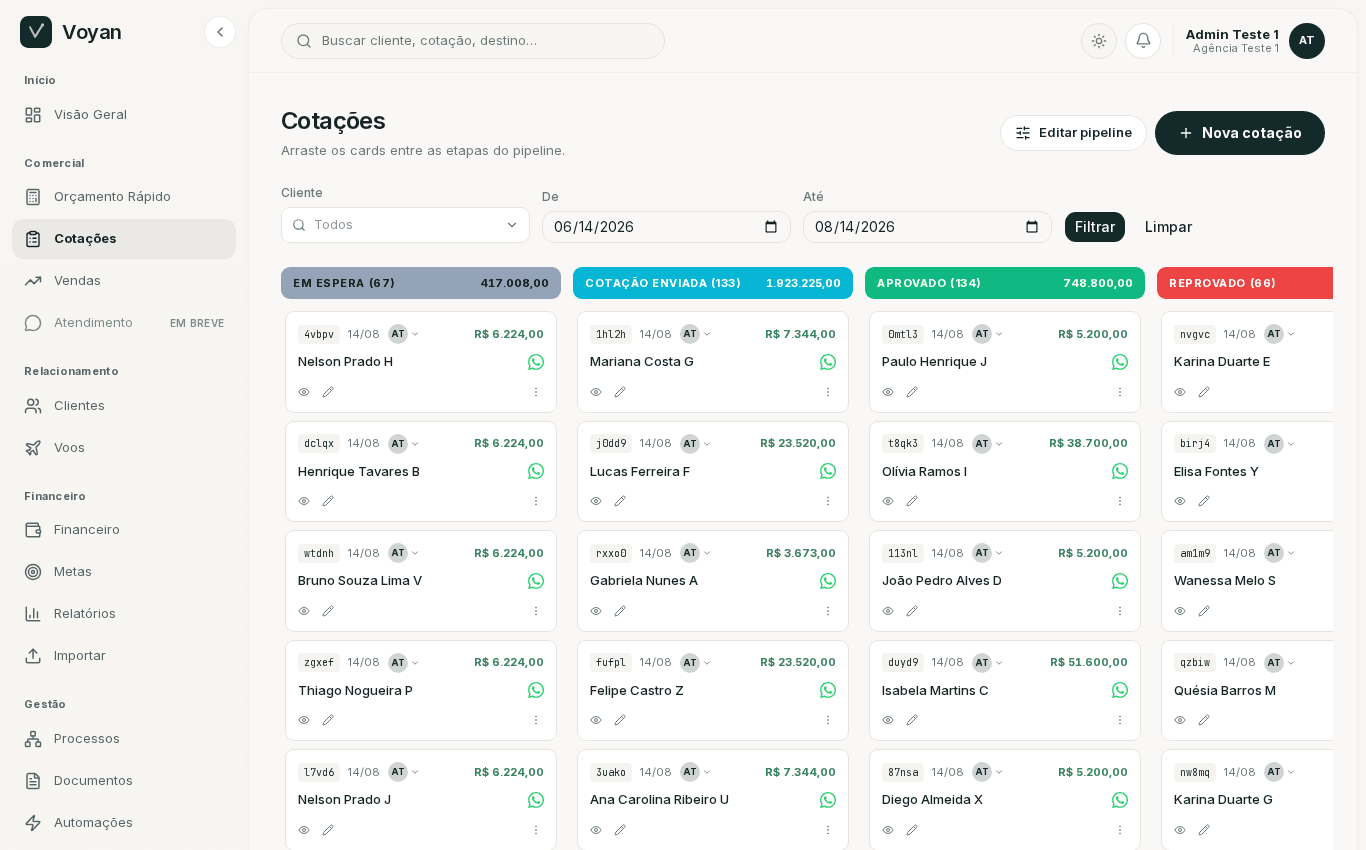 Kanban de cotações do Voyan