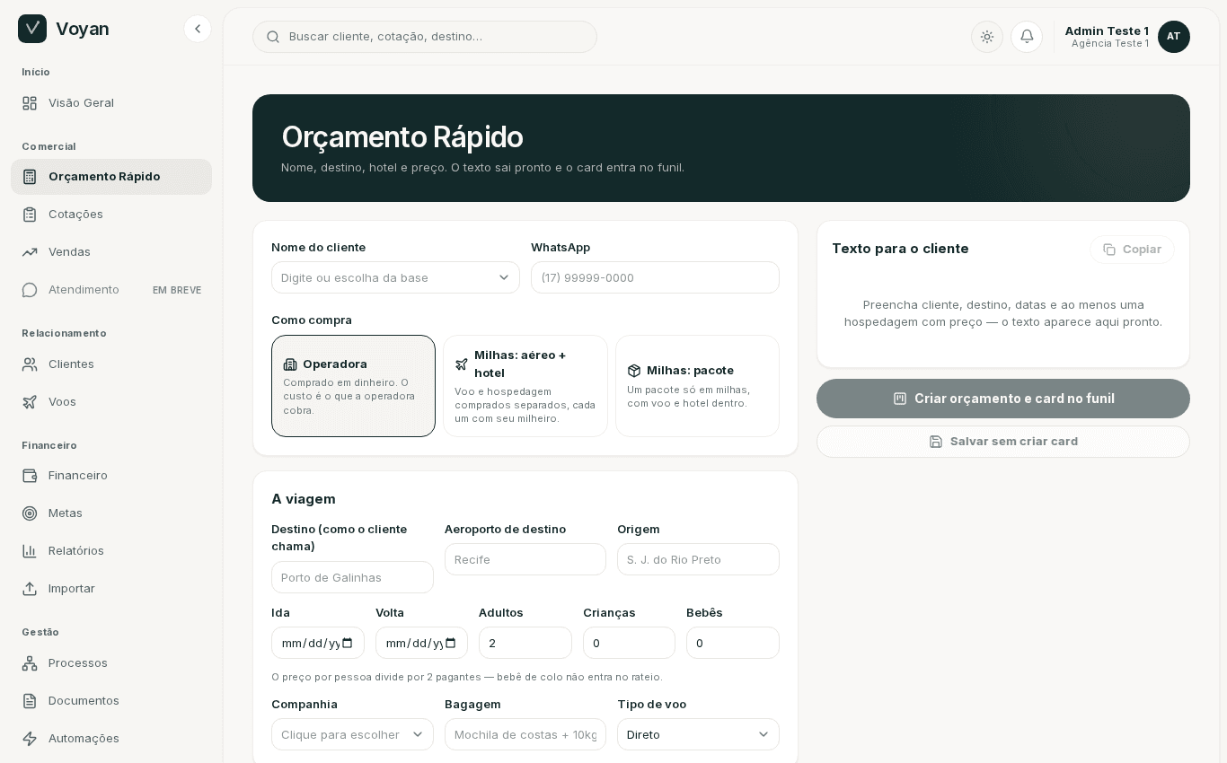 Tela de orçamento rápido do Voyan